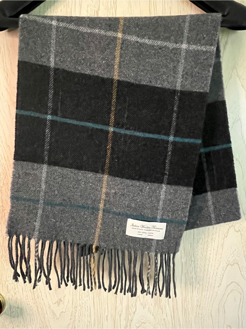 Italian Woollen Treasures Grey Plaid 100% Wool Scarf